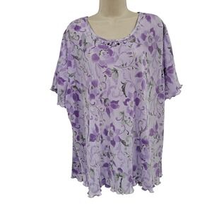 Spring Easter Floral Top Women 3X Purple Sequin Neck Grandma Mom Preppy Plus